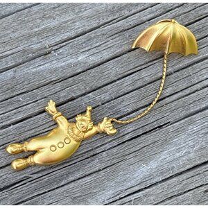 Clown Brooch Lapel Pin with Chain JJ Jonette Gold Tone Holding Umbrella Floating